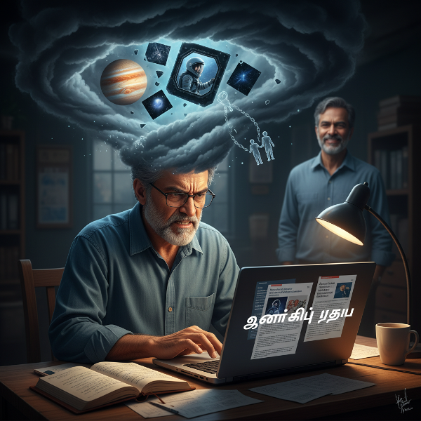 ஒரு பொறுமையான 56 வயது ஆண், விண்வெளி உளவியல் ஆராய்ச்சியைப் படிக்கும் போது எரிச்சலும் கோபமும் அடைகிறார். அவரது மனக்குழப்பம் புயல் மேகங்களாகவும், குடும்ப உறவுகளில் ஏற்படும் பிரச்சனைகளாகவும் காட்சிப்படுத்தப்பட்டுள்ளது.