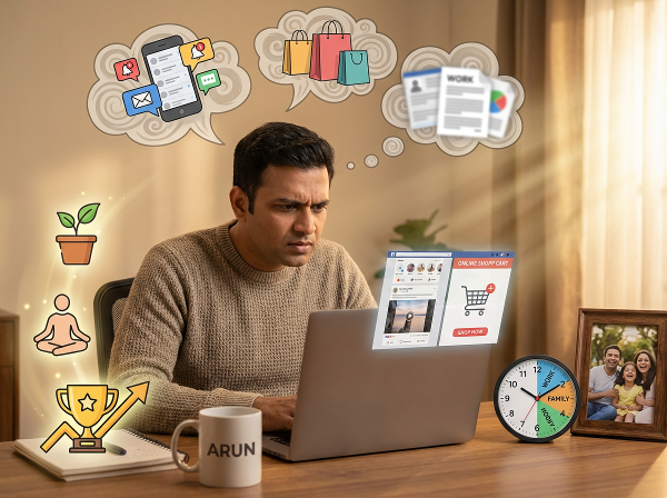 ஒரு 38 வயது ஆண் தனது ஆன்லைன் அடிமையத்தனத்திலிருந்து வெளியேற நேர்மறை உளவியல் மற்றும் நடத்தை மாற்ற முறைகளைப் பயன்படுத்துவதை சித்தரிக்கும் படம்.