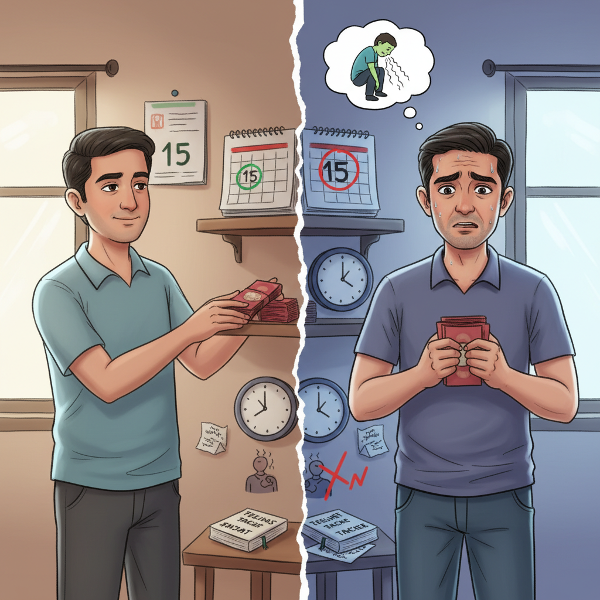 ஒரு 35 வயது ஆண், சிவப்பு காகிதத்தில் பணத்தை சுற்றி அலமாரியில் வைக்கும் பழக்கத்தால் முதலில் பாதுகாப்பு உணர்வு கொள்கிறார், பின்னர் பதட்டம் மற்றும் வாந்தி எடுக்கும் உணர்வு ஏற்படுகிறது. படம் இந்த மாற்றத்தையும், பதிவு செய்தல், மூச்சுப் பயிற்சி போன்ற கையாளும் முறைகளையும் காட்டுகிறது.