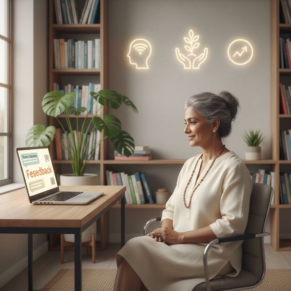 ஒளி என்ற உளவியலாளர், புதிய ஆன்லைன் ஆலோசனைத் தொழிலில் தன்னம்பிக்கையுடன் செயல்படுவதை சித்தரிக்கும் படம்.