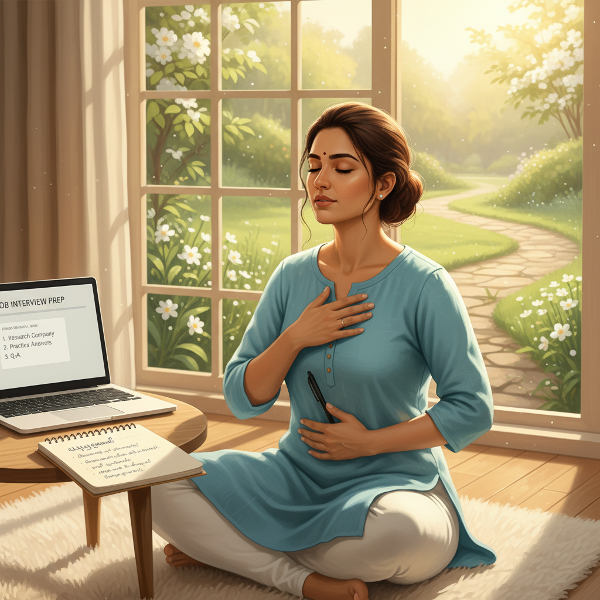 ஒளியின் ஆலோசனைப்படி, கஸ்தூரி மூச்சுப் பயிற்சி செய்து, கவலைகளை எழுதி, நேர்காணலுக்குத் தயாராகி, பதட்டத்தையும் பயத்தையும் நிர்வகிக்கிறார்.