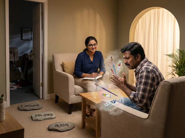 ஒளி என்ற உளவியலாளர், அரிவாழகனின் பதட்டத்தைக் கேட்டு, கலை சிகிச்சை குறியீடுகள் மற்றும் மீட்புக்கான பாதையைக் காட்டும் பாதுகாப்பான சூழலில் அமர்ந்திருக்கிறார்.