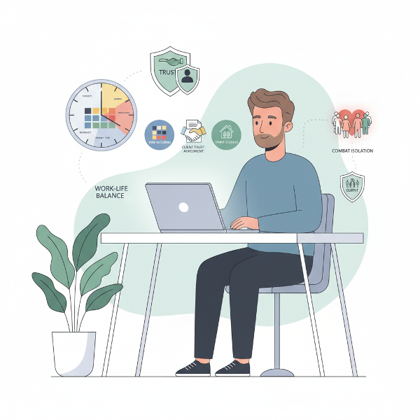 ஒளி என்ற உளவியலாளர் மூன்று உடனடி மாற்றங்களைச் சித்தரிக்கும் படம்: நேர முகாமை, நம்பிக்கை ஒப்பந்தம் மற்றும் தனிமை எதிர்ப்பு அமைப்புகள், இவை ஆன்லைன் ஆலோசனை தொடங்கும் சவால்களை நிவர்த்தி செய்து வேலை-வாழ்க்கை சமநிலையை உருவாக்க உதவுகின்றன.