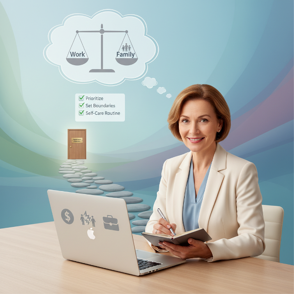 ஆன்லைன் உளவியல் ஆலோசகரான ஒரு பெண், பணி மற்றும் குடும்ப அழுத்தங்களை ஒருங்கிணைத்து நிர்வகிப்பதற்கான உத்திகளை விளக்குகிறார். மனநிலை மாற்றங்களைக் குறைக்க தினசரி வழக்கம், எல்லைகள் மற்றும் சுய பராமரிப்பு முக்கியம் என்பதையும், கடுமையான பிரச்சனைகளுக்கு நிபுணரைத் தேடுவதன் அவசியத்தையும் படம் காட்டுகிறது.