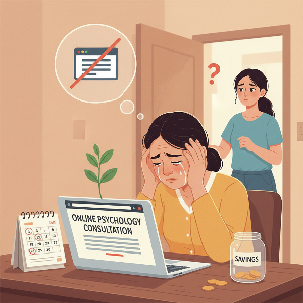 ஒரு பெண் ஆன்லைன் உளவியல் வலைத்தளத்தின் குறைந்த வரவு மற்றும் நிதி பிரச்சினைகளால் மன அழுத்தத்தில் உள்ளார்; குடும்ப ஆதரவும், வலைத்தளத்தின் எதிர்காலமும் காட்டப்படுகிறது.