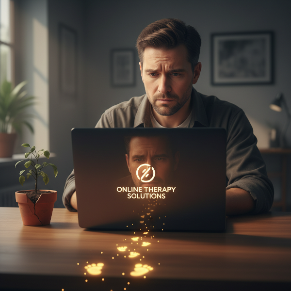 ஒரு உளவியலாளர் தனது ஆன்லைன் ஆலோசனை தளத்தின் முன் அமர்ந்து, சுய-சந்தேகத்துடன் தனது பிரதிபலிப்பைப் பார்க்கிறார். உடைந்த தொட்டியில் ஒரு செடி வளர முயல்வது போல, அவரது சுயமரியாதையும் வளர முயல்கிறது. மென்மையான ஒளி வளர்ச்சிக்கான பாதையைக் காட்டுகிறது.