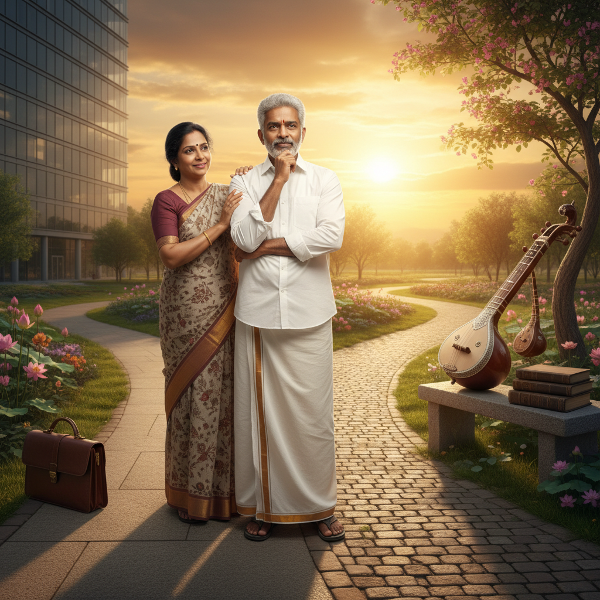 ஓய்வு நெருங்கும் 59 வயது ஆண் ஒருவர், புதிய வாழ்க்கைப் பாதை மற்றும் பழைய தமிழ் இசை ஆராய்ச்சி ஆர்வத்தை நோக்கி நடக்கிறார். ஆதரவான மனைவியுடன் ஒரு புதிய தொடக்கத்தின் அமைதியான காட்சி.