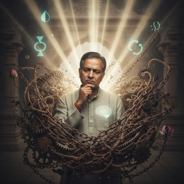 வயதான ஆண் ஒருவர் தனது பழக்கங்களை மாற்றும் நோக்கில் சுய உணர்தல் மற்றும் உளவியல் தத்துவங்களைப் பின்பற்றும் காட்சி.
