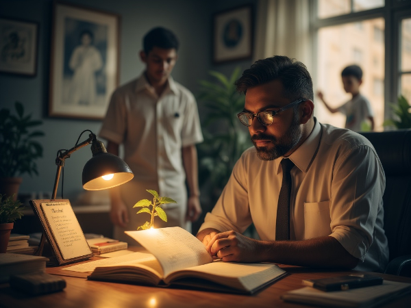 ஒரு தொழில்முறை நபர், கடந்த காலத்தின் நிழல்களுக்கிடையே, நேர்மறையான சுய-ஒப்புகை மூலம் சுயமரியாதையை வளர்த்தெடுக்கும் நம்பிக்கை நிறைந்த காட்சி.