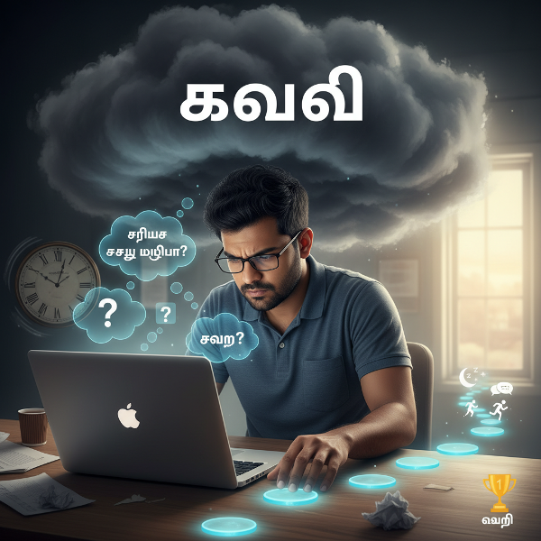 ஒரு மென்பொருள் பொறியாளரின் வேலை செய்யும் போதான கவலை மற்றும் தயக்க உணர்வைக் காட்டும் படம். பயம் மற்றும் சந்தேக எண்ணங்கள் ஒரு மேகமாகவும், வெளியேறுவதற்கான வழி சிறிய, படிப்படியான முயற்சிகள் மற்றும் ஆரோக்கியமான பழக்கங்களின் வழியாகவும் சித்தரிக்கப்பட்டுள்ளது.