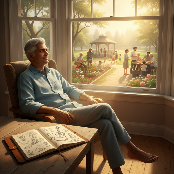 ஓய்வு பெற்ற 51 வயது நபர், புதிய நோக்கத்தைத் தேடி சிந்தனையில் ஆழ்ந்திருக்கிறார். அவரது முன் பல்வேறு பொழுதுபோக்குகளின் ஓவியங்கள் உள்ளன. ஒளியின் பாதை அவரை ஒரு சுறுசுறுப்பான சமூகக் காட்சியை நோக்கி இட்டுச் செல்கிறது.