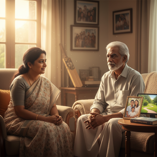 உளவியலாளர் ஒளி, சோர்வான மூத்தவர் அருணிடம் அக்கறையாக கேட்பதைக் காட்டும் படம். பழைய ஆர்வங்கள் மங்க, குடும்பம் மற்றும் புதிய சாத்தியக்கூறுகள் மெல்ல ஒளிர்வதாக அமைந்துள்ளது.