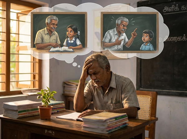 ஒரு ஆசிரியர் தனது வகுப்பறையில் அமர்ந்து, தனது கடுமையான எதிர்வினைகள் மற்றும் அமைதியான வழிகாட்டுதல் ஆகிய இரண்டு பக்கங்களைப் பற்றி சிந்திக்கிறார்; மாற்றத்திற்கான நம்பிக்கையைக் காட்டும் ஒரு காட்சி.