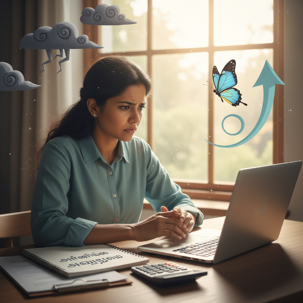 ஒரு தொழில்முனைவோர் தனது புதிய ஆன்லைன் வணிகத்தின் சவால்களை எதிர்கொள்ளும் போது உள்ள மன அழுத்தத்தையும், அதிலிருந்து வளர்ச்சி மற்றும் நம்பிக்கைக்கான பாதையையும் சித்தரிக்கும் படம்.