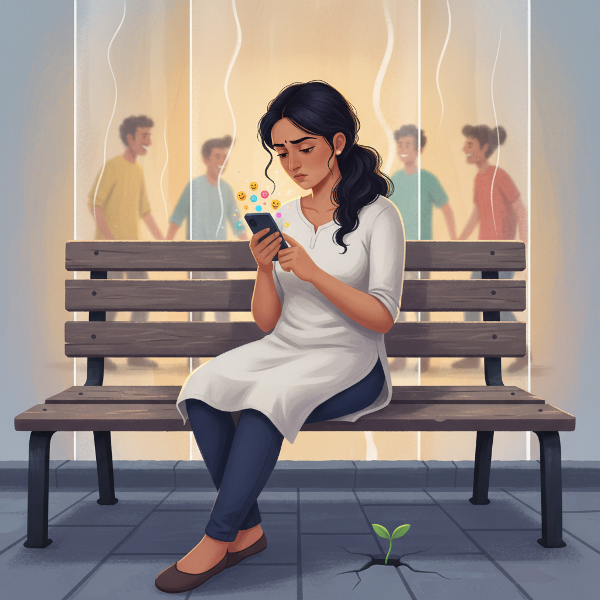 19 வயது மயா, சமூக ஊடக மகிழ்ச்சியைப் பார்த்து தனிமையின் சுவரால் சூழப்பட்டு அமர்ந்திருக்கிறாள். உணர்ச்சி இணைப்பைக் குறிக்கும் வெளிச்சமும், நம்பிக்கையைக் குறிக்கும் செடியும் உள்ளன.