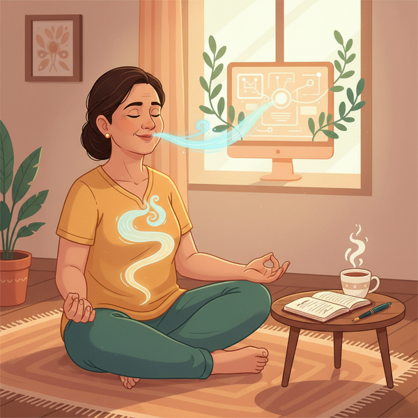 ஒரு 55 வயது பெண் அமைதியான சுவாசப் பயிற்சி செய்து, நன்றி பதிவு செய்து, தனிமை மற்றும் மன அழுத்தத்திலிருந்து மீள்வதைச் சித்தரிக்கும் படம்.