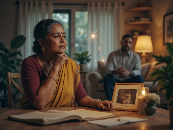 ஒரு 56 வயது தமிழ்ப் பெண் வீட்டு அமைதியான சூழலில் அமர்ந்து, குடும்பப் புகைப்படத்தைப் பார்த்துக்கொண்டிருக்கிறாள். கணவருடனான தொலைவையும், மன அழுத்தத்தையும் குறிக்கும் அமைப்புகள் இடையே காணப்படுகின்றன. மன அமைதிக்கான சின்னங்கள் முன்புறத்தில் உள்ளன.