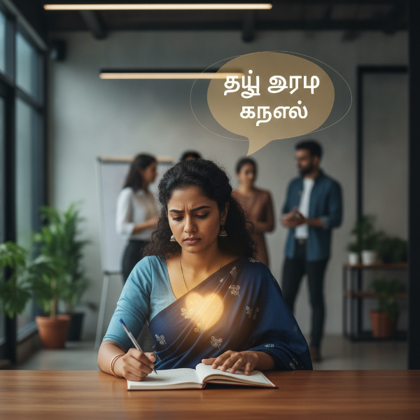 ஒரு இளம் பெண் அலுவலகத்தில் சக ஊழியர்களின் பேச்சைக் கேட்டு கவலையுடன் காணப்படுகிறாள், ஆனால் அவள் உள்ளத்தில் சுய ஏற்பு மற்றும் கருணையின் ஒளி பிரகாசிக்கிறது.
