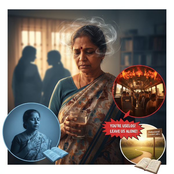 ஒரு 58 வயது பெண் குடும்ப மன அழுத்தம், கோபம் மற்றும் உடல் பதட்ட அறிகுறிகளுடன் போராடுகிறாள்; ஆழ்மூச்சு, கவிதை வாசிப்பு மற்றும் மருத்துவ ஆலோசனை நோக்கிய அவரது பயணத்தை சித்தரிக்கும் படம்.