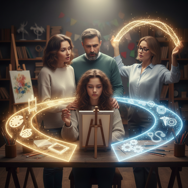 ஒரு 16 வயது மகள் ஓவியம் வரைவதில் ஆர்வமாக உள்ளாள், ஆனால் பொறியியல்/மருத்துவம் படிக்க பெற்றோர் விரும்புகிறார்கள். கலை மற்றும் பாரம்பரிய தொழில் பாதைகளுக்கு இடையே சமநிலை காண்பதை இந்த படம் காட்டுகிறது. ஒரு வழிகாட்டுதல் ஆலோசகர் இரண்டு பாதைகளையும் இணைக்க உதவுகிறார், குடும்ப உறுப்பினர்கள் ஆதரவாக நிற்கிறார்கள்.