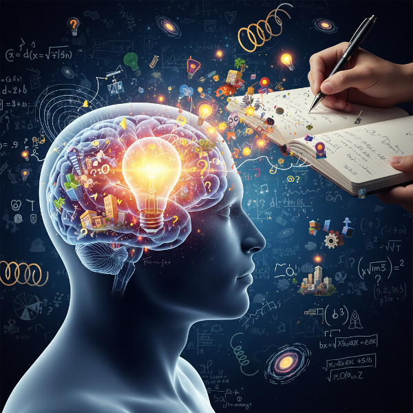 ஆக்கபூர்வ சிந்தனையின் மூலம் மூளையில் புதிய யோசனைகள் எவ்வாறு உருவாகின்றன என்பதை விளக்கும் காட்சிப் படம்.