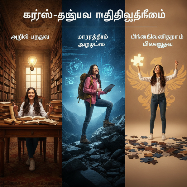 மாற்றங்களுக்கு ஏற்ப கற்றல்-தழுவல் திறனை வெளிப்படுத்தும் ஒரு இளம் பெண், புதிய சூழ்நிலைகளில் மகிழ்ச்சியுடன் செயல்படுகிறார்; பின்னடைவுகளுக்குப் பிறகு மீண்டும் எழுந்து வலிமை பெறும் காட்சி.