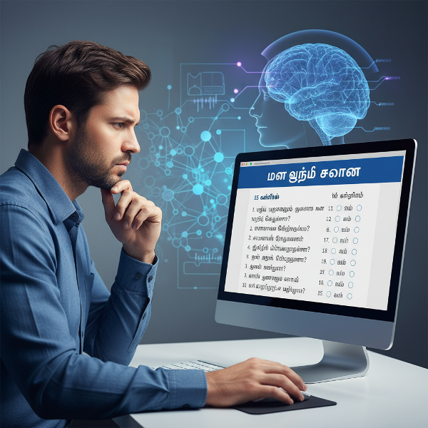 ஒரு ஆன்லைன் மன உறுதி சோதனையின் காட்சி, இது 15 கேள்விகள் மூலம் நரம்பியல் செயல்முறை மற்றும் உணர்வு நிலைகளை மதிப்பிடுகிறது.