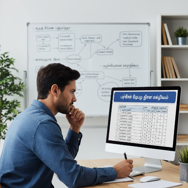 ஆன்லைன் சோதனை மூலம் பிரச்சினை தீர்ப்பு திறனை மதிப்பிடும் ஒரு நபரை சித்தரிக்கும் படம்.