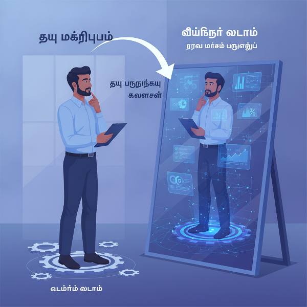 சுய மதிப்பீட்டு சோதனை பற்றிய விளக்க படம் - மெய்நிகர் மற்றும் யதார்த்த உலகில் சுய விழிப்புணர்வை அளவிடும் காட்சி.