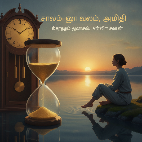 நேரத்தை ஒரு வளமாக உணரும் மனநிலையை விளக்கும், கடிகாரம் மற்றும் அமைதியான காட்சியுடன் கூடிய சித்தரிப்பு.