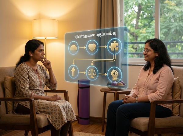 ஒரு பெண் உளவியலாளரின் உதவியுடன், பரிவர்த்தனை பகுப்பாய்வு விளக்கப்படத்தின் மூலம் தனது உணர்ச்சிகளையும் சிந்தனைகளையும் பகுப்பாய்வு செய்து, இலக்குகளை அமைத்து மன உறுதியை பெறும் காட்சி.