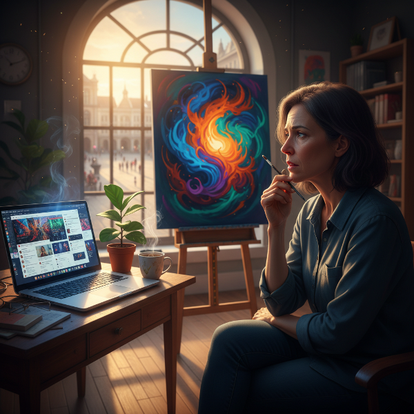 ஒரு நகர்ப்புற கலைஞர், திறந்தவெளி பயம் மற்றும் இணைய சார்பு ஆகிய உளவியல் சவால்களை எதிர்கொள்வது, கலை மற்றும் ஆதரவு கூறுகள் மூலம் நிர்வகிப்பதை சித்தரிக்கும் படம்.