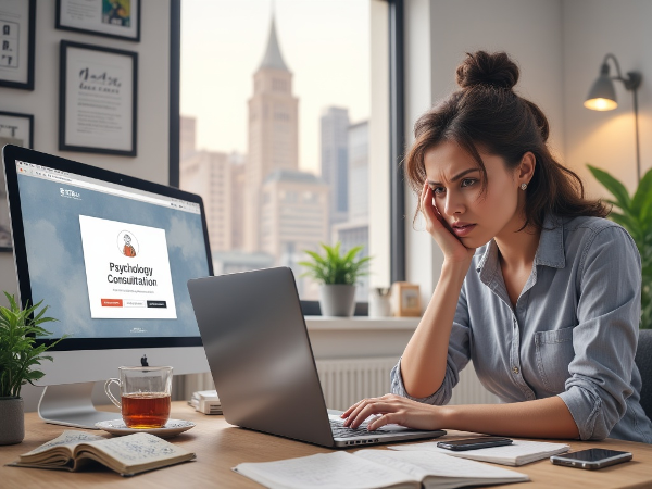 நகர்ப்புற வீட்டு அலுவலகத்தில் உட்கார்ந்திருக்கும் 41 வயது பெண், மன அழுத்தத்துடன் மனநல ஆலோசனை வலைத்தளத்தை பார்த்துக்கொண்டிருக்கிறாள். தொலைதூர வேலை மற்றும் உடல் பிம்பம் குறித்த எண்ணங்களால் ஏற்படும் சவால்களை இந்த காட்சி சித்தரிக்கிறது.