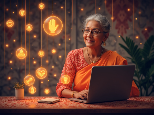 ஒரு அனுபவம் மிக்க பெண் ஆலோசகர், புதிய தொழில்நுட்பத்துடன் இணைந்து, நம்பிக்கையுடன் ஆன்லைன் ஆலோசனை சேவையை வழங்கும் காட்சி.