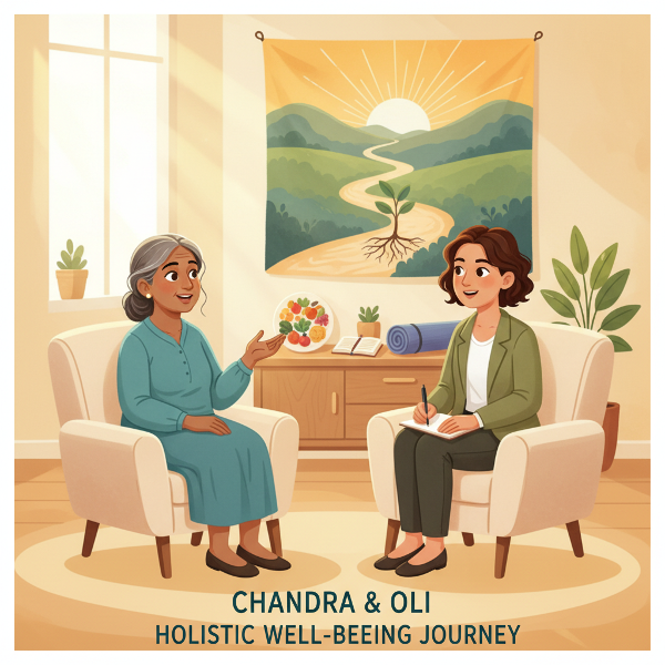 உளவியலாளர் ஒளியிடம் ஆலோசனை பெறும் சந்திரா. பாதுகாப்பான, புரிந்துணர்வான சூழ்நிலை. மன அமைதி, உடல் நலன் ஆகியவற்றைக் குறிக்கும் குறியீடுகள் பின்னணியில்.