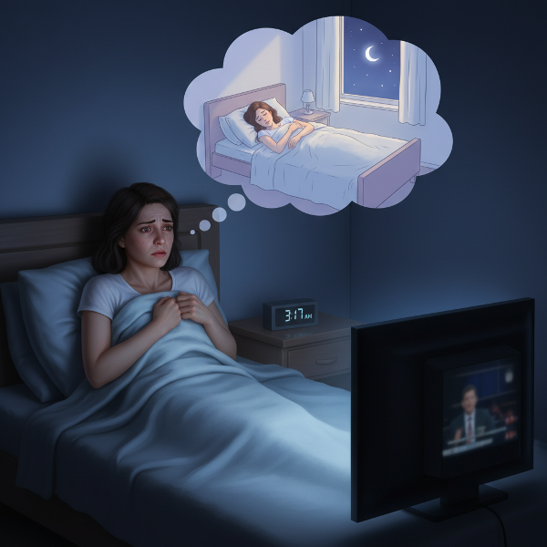 42 வயது மரியா தொலைக்காட்சி இல்லாமல் தூங்க முடியாமல், இரவு நேரத்தில் படுக்கையில் அமைதியின்றி படுத்திருக்கும் கவலையான நிலையை சித்தரிக்கும் படம். தொலைக்காட்சியின் ஒளி மட்டும் அறையை வெளிச்சமாக்க, அவர் உடல் அசௌகரியத்துடன் காணப்படுகிறார்.