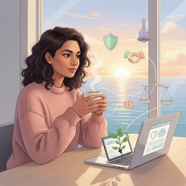 ஒரு புதிய ஆன்லைன் உளவியல் வலைத்தளத்தை தொடங்கும் ஒரு பெண், உணர்ச்சி நுண்ணறிவு மற்றும் தொழில்நுட்பத்தின் சமநிலையுடன், நம்பகத்தன்மை கட்டமைத்தல், மன அழுத்தத்தை நிர்வகித்தல் போன்ற சவால்களை எதிர்கொள்வதை சித்தரிக்கும் ஊக்கமளிக்கும் படம்.