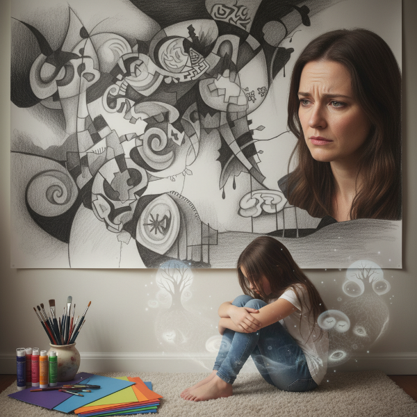 ஒரு கலைஞர் தாய், அவரது மகளின் கருப்பு மற்றும் சாம்பல் நிற ஓவியங்களைப் பார்த்து கவலையுடன் இருக்கிறார்; மகள் மௌனமாக உட்கார்ந்து, கனவுலகில் சிக்கியது போன்ற உணர்வை வெளிப்படுத்துகிறாள்.