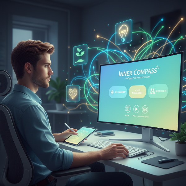 ஒரு இளைஞர் சுய முன்னேற்ற வலைத்தளத்தை வடிவமைக்கிறார்; திரையில் அமைதியான, ஊக்கமளிக்கும் பகுதிகள் காணப்படுகின்றன.