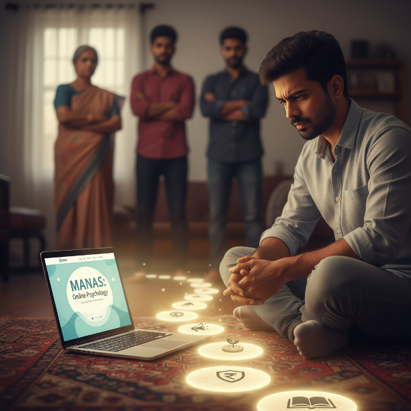 ஒரு இளைஞன் புதிய ஆன்லைன் உளவியல் ஆலோசனைத் தொழிலைத் தொடங்கும் போது எதிர்கொள்ளும் சவால்கள் - நிதி அழுத்தம், குடும்ப ஆதரவின்மை, நம்பிக்கை குறைவு - ஆனால் ஒரு வெளிச்சமான பாதை முன்னேற்றத்தைக் காட்டுகிறது.