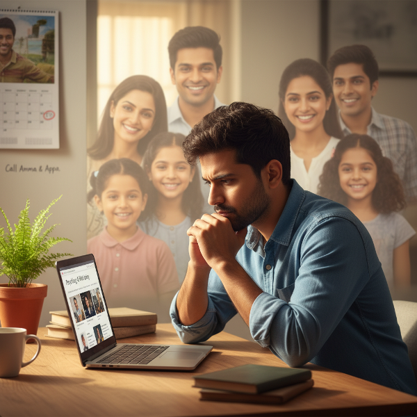 ஒரு 31 வயது ஆண், விக்னேஷ், உளவியல் வலைத்தளத்துடன் லேப்டாப்பில் அமர்ந்து சிந்திக்கிறார். பின்னணியில் நண்பர்கள் மற்றும் குடும்பத்தினரின் நிழல் உருவங்கள், தொடர்பு தேவையைக் குறிக்கின்றன. ஒரு பக்கத்தில் சிறிய செடி வளர்ந்து கொண்டிருக்கிறது. சுவரில் தொலைபேசி அழைப்புக்கான நாள் குறிக்கப்பட்டுள்ளது.