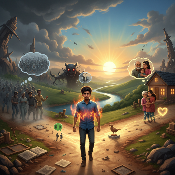 இளைஞர் அருண் தனது அதிரடி தன்மையைப் பயன்படுத்தி, சமூக அச்சம், திட்ட தோல்வி பயம், குடும்பத் தொடர்பு தேவை ஆகிய சவால்களைச் சமாளிக்கும் வகையில் ஒரு புதிய, ஒருங்கிணைந்த பாதையில் முன்னேறுகிறார்.