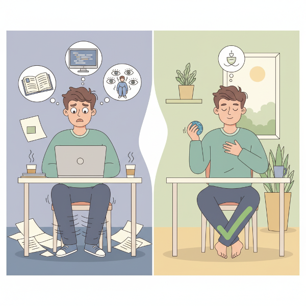 23 வயது ஆணின் கால்களை அசைக்கும் பழக்கத்தையும், அதன் காரணமான பதட்டம் மற்றும் சமூக வெட்கத்தையும், ஆழ்மூச்சு மற்றும் மாற்று நடத்தைகள் போன்ற நடைமுறை தீர்வுகளையும் சித்தரிக்கும் படம்.