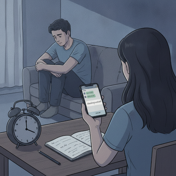 ภาพวาดสีน้ำมันโทนเย็นแสดงชายหนุ่มนั่งกอดเข่าบนโซฟา มองภรรยาที่นั่งหันหลังให้ มีมือถือและสมุดบันทึก สื่อถึงความห่างเหินและความวิตกกังวลในความสัมพันธ์
