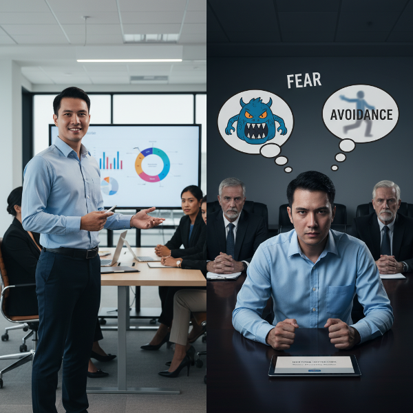 ภาพแสดงความขัดแย้งของธนวัฒน์ระหว่างความมั่นใจเดิมกับความวิตกกังวลเฉพาะหน้าที่เกิดขึ้นในการประชุมกับผู้บริหารระดับสูงหลังการปรับโครงสร้างองค์กร