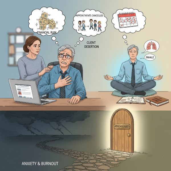 ภาพแสดงชายวัย 52 ปีซึ่งเป็นนักจิตวิทยา กำลังเผชิญความวิตกกังวลในการทำงานออนไลน์และชีวิตครอบครัว พร้อมวิธีจัดการเช่น การหายใจลึกๆ การบันทึกความคิด และเส้นทางสู่การขอความช่วยเหลือจากผู้เชี่ยวชาญ