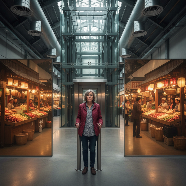 ภาพแม่ค้าในตลาดใหม่ที่เต็มไปด้วยความวิตกกังวล พร้อมเงาสะท้อนของตลาดเก่าที่อบอุ่น แสดงถึงการต่อสู้กับความกลัวการเปลี่ยนแปลงแม้สิ่งใหม่จะดูดีกว่า