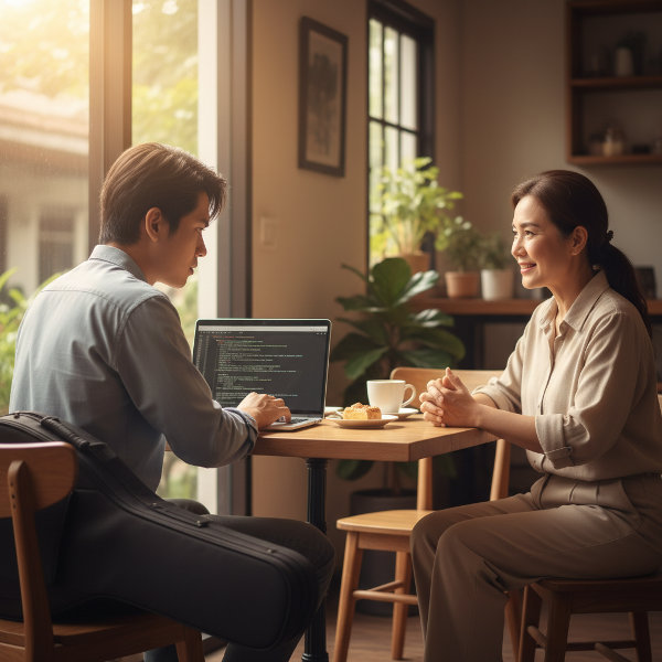 ภาพชายไทยวัยรุ่นในคาเฟ่เงียบๆ กับแฟนสาว แสดงถึงความกังวลในความสัมพันธ์และความใกล้ชิด แต่มีบรรยากาศของการเข้าใจและความหวัง