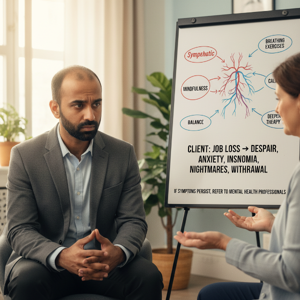 ภาพแสดงการสนทนาเกี่ยวกับการใช้เทคนิคปรับระบบประสาทอัตโนมัติเพื่อช่วยลูกค้าที่เครียดจากการตกงาน