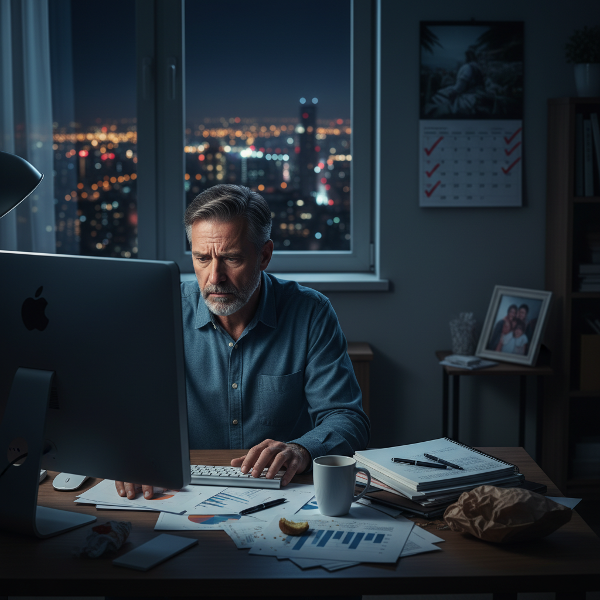 ภาพสื่ออารมณ์ของพนักงานออฟฟิศที่หมดไฟจากการทำงานหนักติดต่อกันเป็นเวลานานในสภาพแวดล้อมที่กดดัน สะท้อนความเครียดสะสมและผลกระทบต่อชีวิตส่วนตัว
